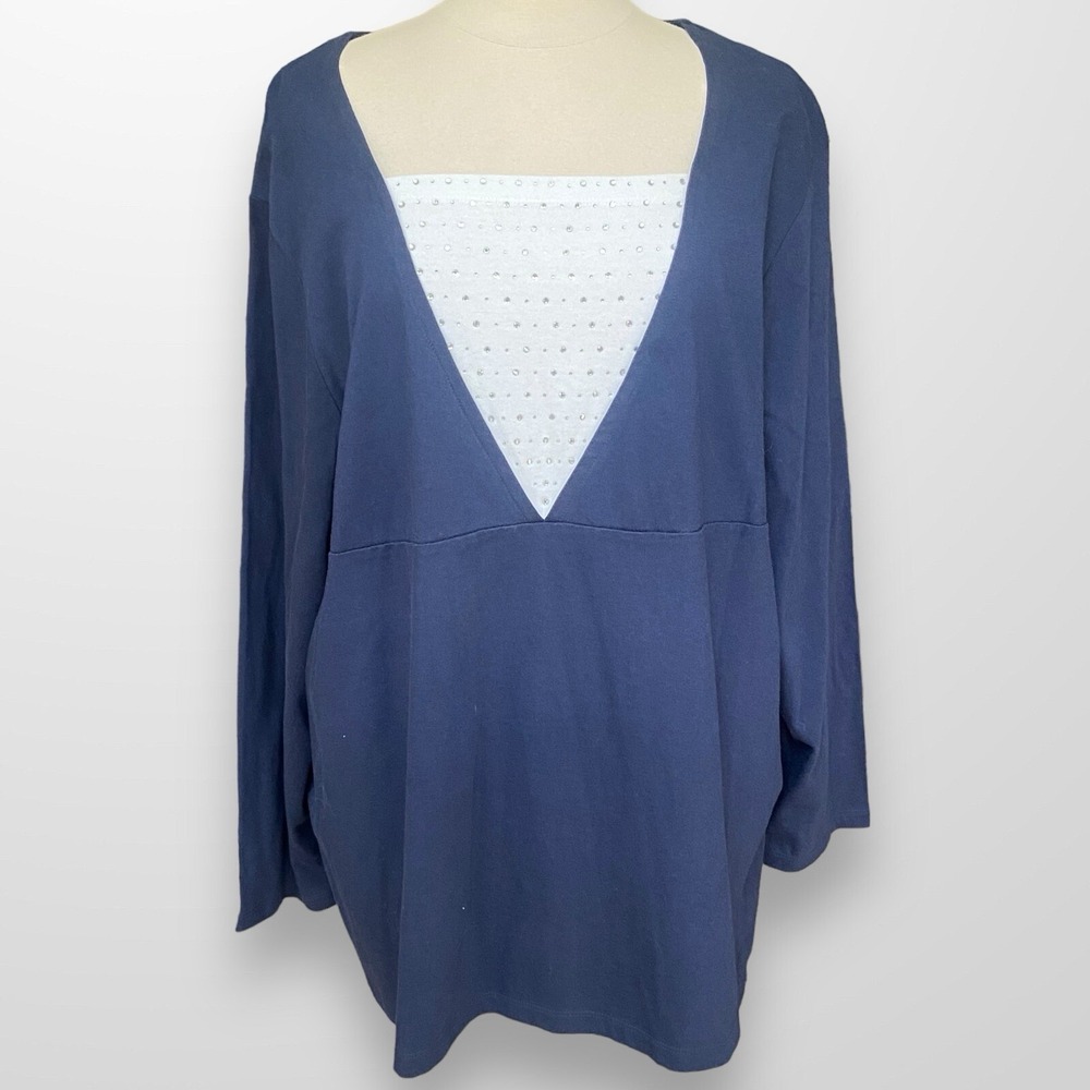 Liz & Me Woman's Size 2X 22 / 24 Top Shirt Blue Long Sleeve Rhinestone Tunic NEW